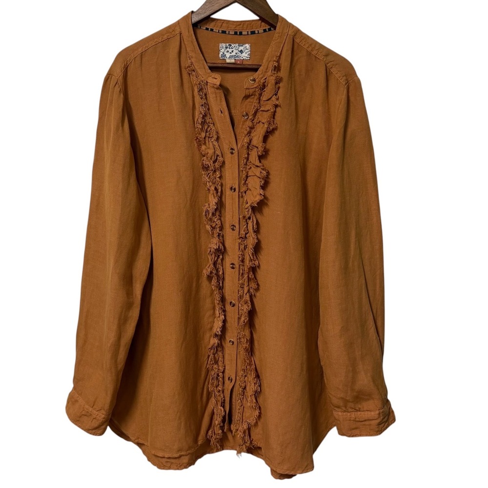 Pilcro Button Down Tunic Top Womens XL Ruffle Shirt Boho Hippie Relax Earthy